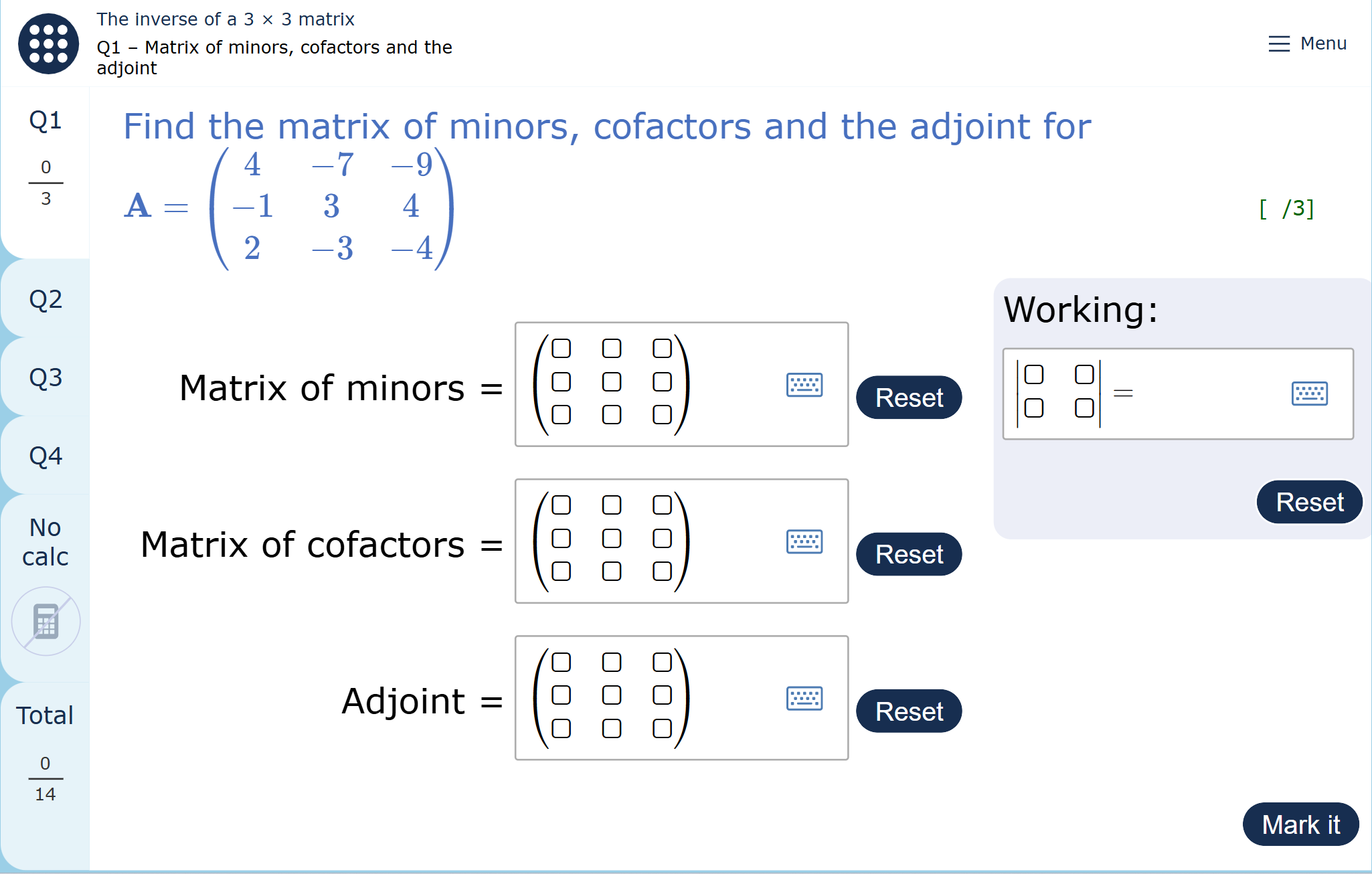 A MyMaths homework page showing questions about matrices.