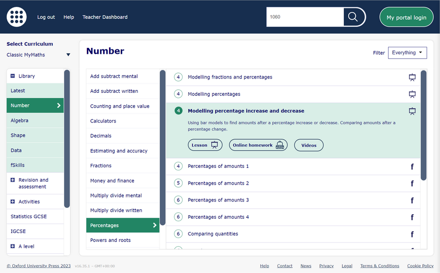 A view of the MyMaths Library, open in the Number strand, displaying an expanded view of the lesson, homework and video support available for a lesson called ‘Modelling percentage increase and decrease’.