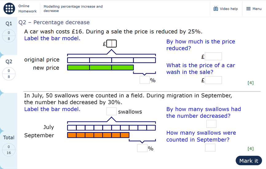 A MyMaths homework page containing the ‘Video help’ feature, which is accessed from the top-right of the page, to the left of the ‘Menu’ option.