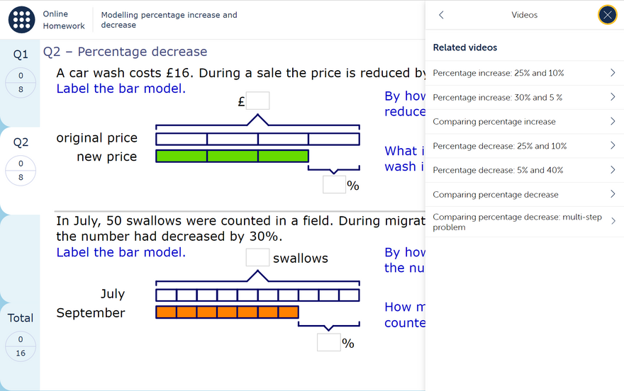 A MyMaths homework page with an expanded view of the ‘Video help’ feature, showing seven related videos.