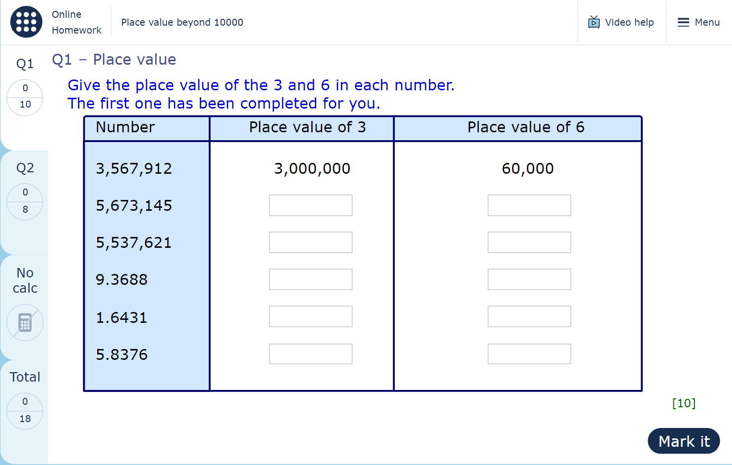 A MyMaths homework page containing the ‘Video help’ feature, which is accessed from the top-right of the page, to the left of the ‘Menu’ option.
