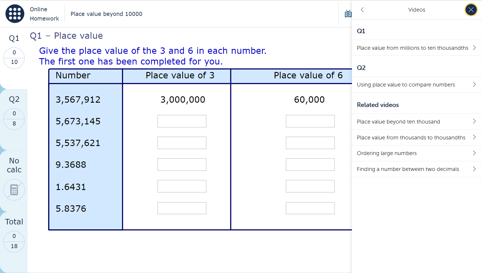 A MyMaths homework page with an expanded view of the ‘Video help’ feature, showing six different video options: one video for Q1 of the homework, one video for Q2 of the homework, and four related videos.