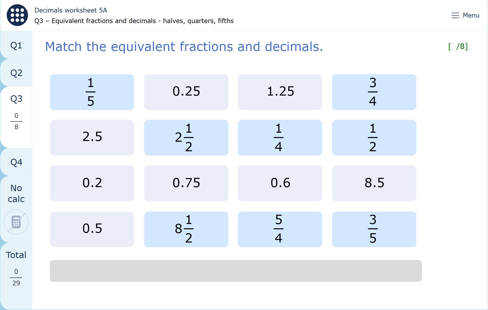 The image shows a page from a MyMaths worksheet. There are eight blue tiles showing fractions and eight purple tiles showing decimals. The pupil needs to match the equivalent fractions and decimals.