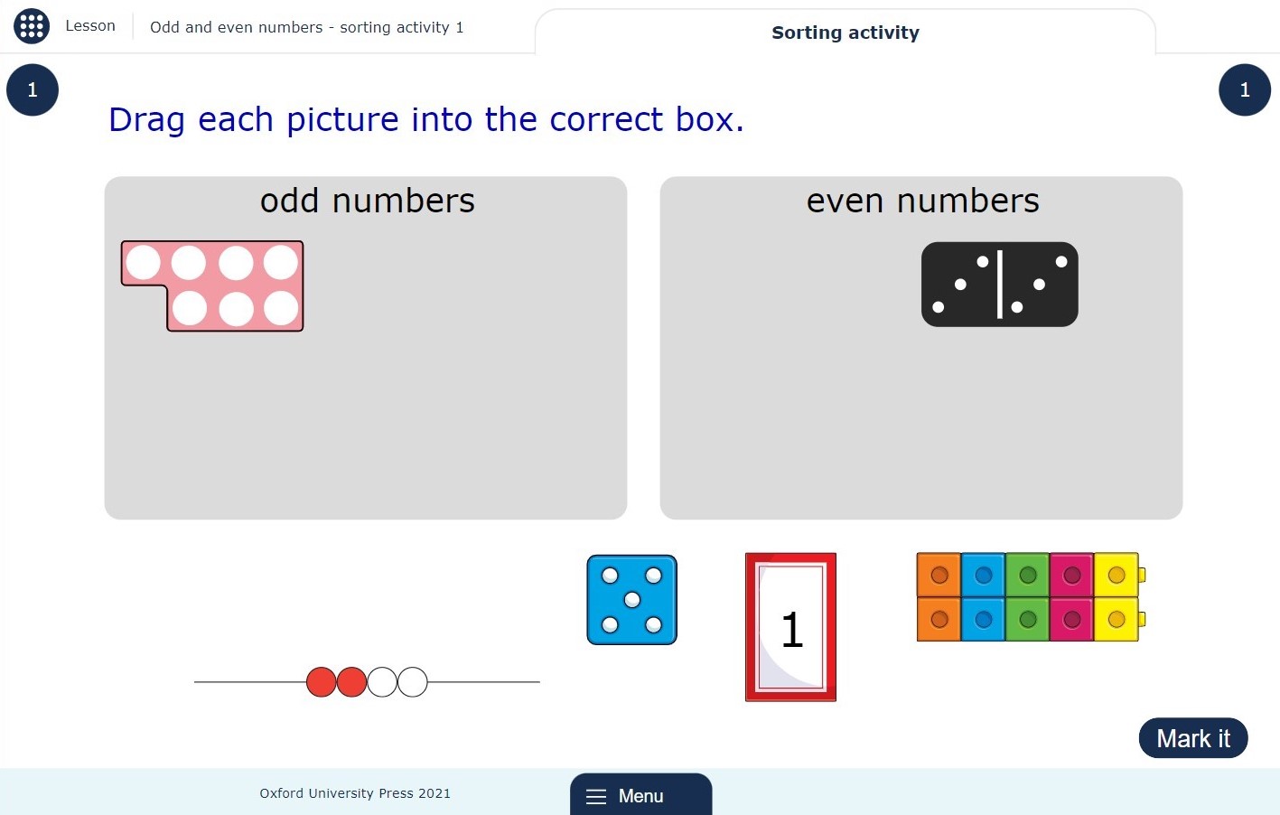 Sorting activity showing two boxes labelled ‘odd’ and ‘even’ and pictures of apparatus representing some numbers from 1 to 10