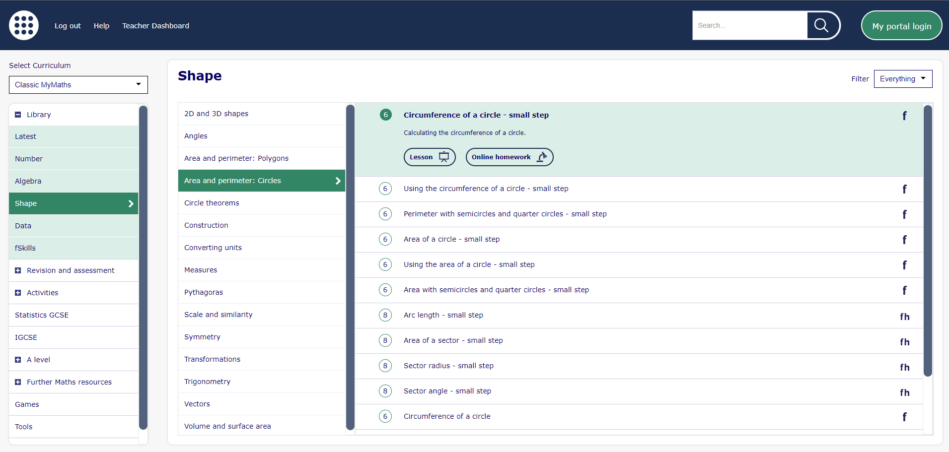 A list of menu filters on MyMaths Secondary showing resources on circles.