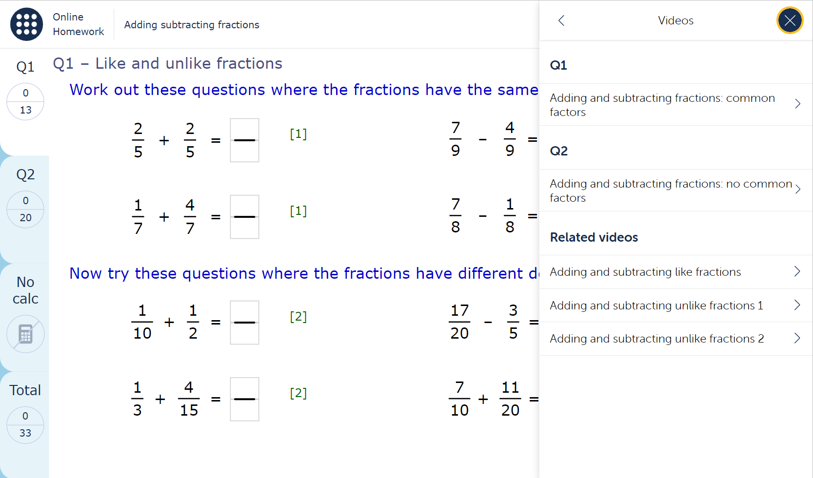 A MyMaths homework page with an expanded view of the ‘Video help’ feature, showing five different video options: one video for Q1 of the homework, one video for Q2 of the homework, and three related videos