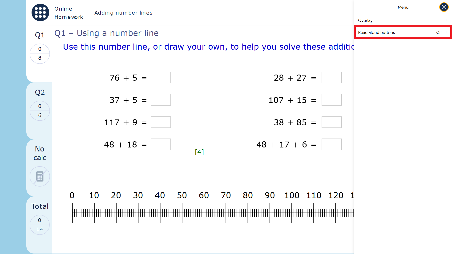 A MyMaths homework page with the side menu open and “Read aloud buttons” option highlighted with a red border.