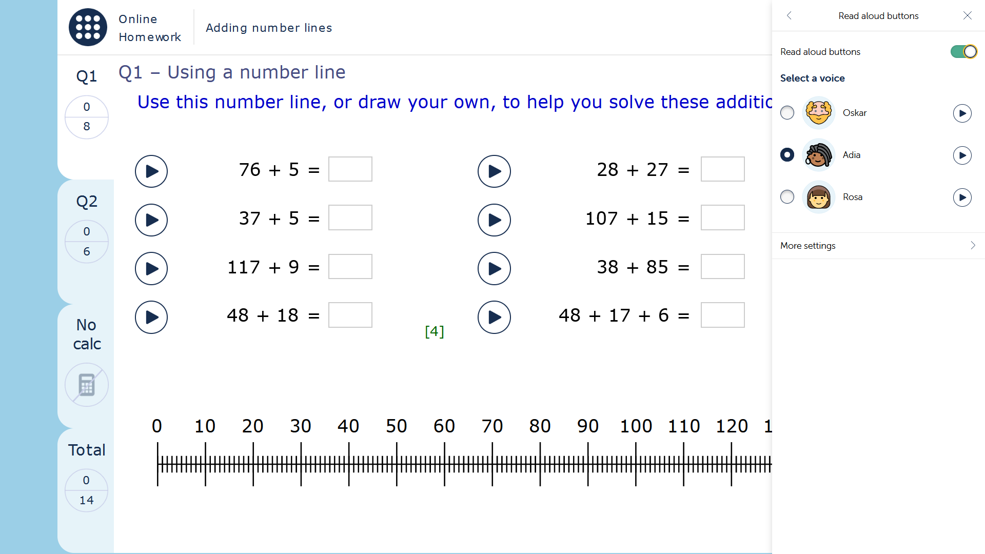 A MyMaths homework page with the side menu open and showing the read aloud buttons toggle and voice options.
