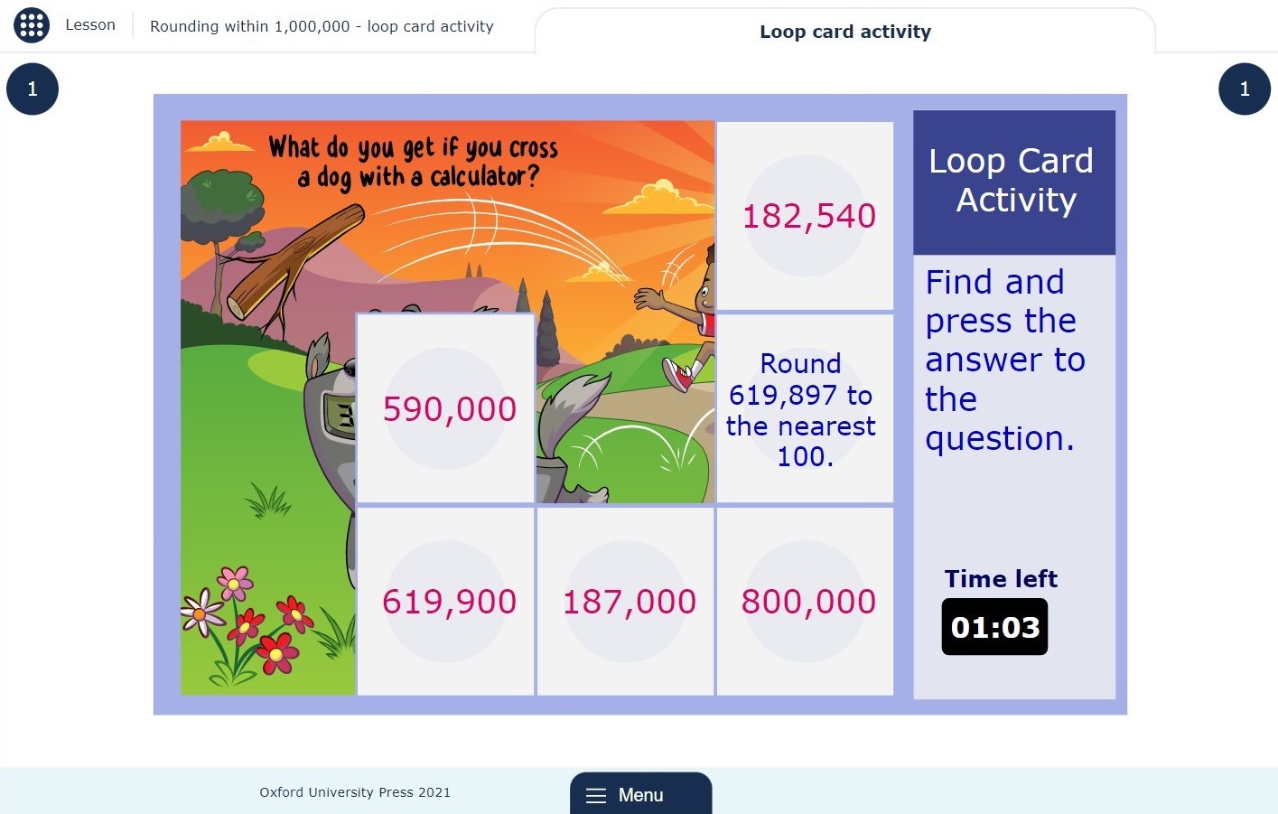 Partially completed loop card activity showing a question on rounding a six-digit integer to the nearest hundred
