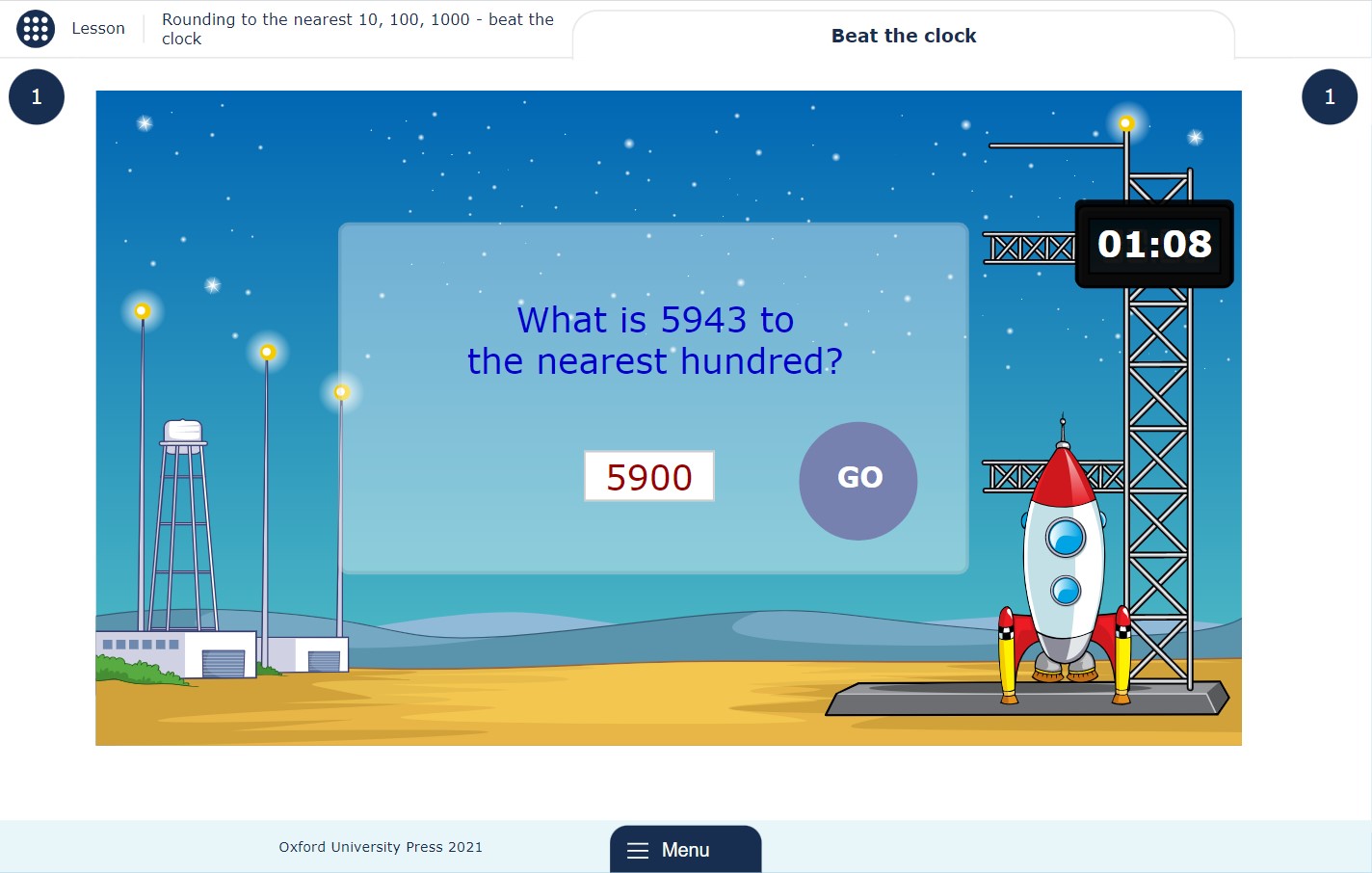 Beat the clock activity showing a question on rounding a four-digit integer to the nearest hundred