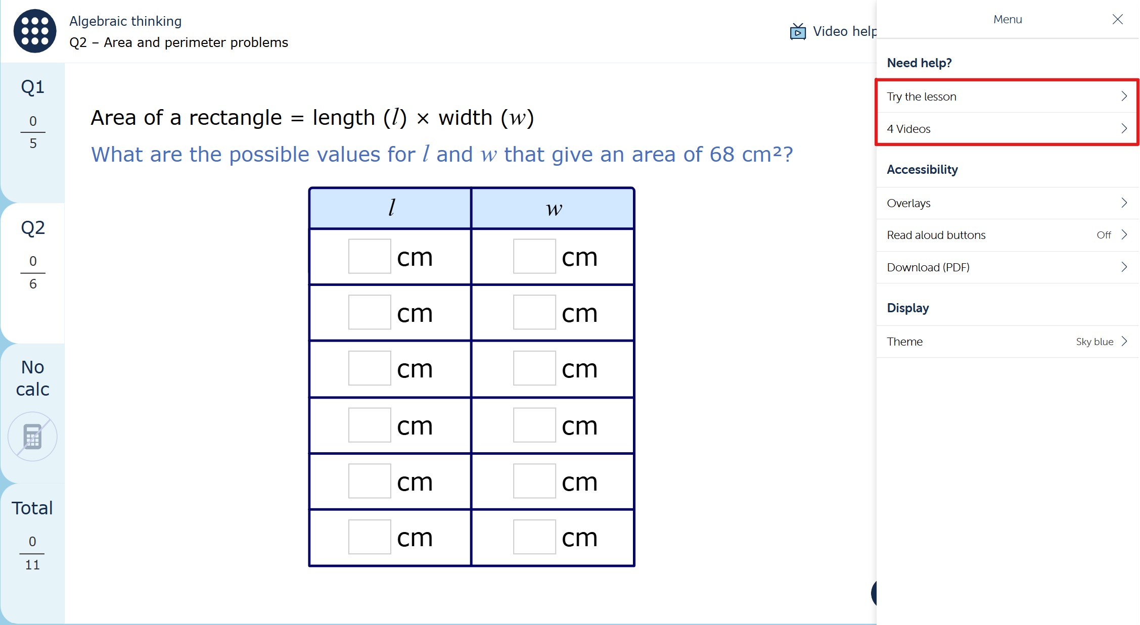 The image shows a page from the MyMaths homework 'Algebraic thinking', with the menu open. In the menu there is a red box around the items 'Try the lesson' and '4 videos'.