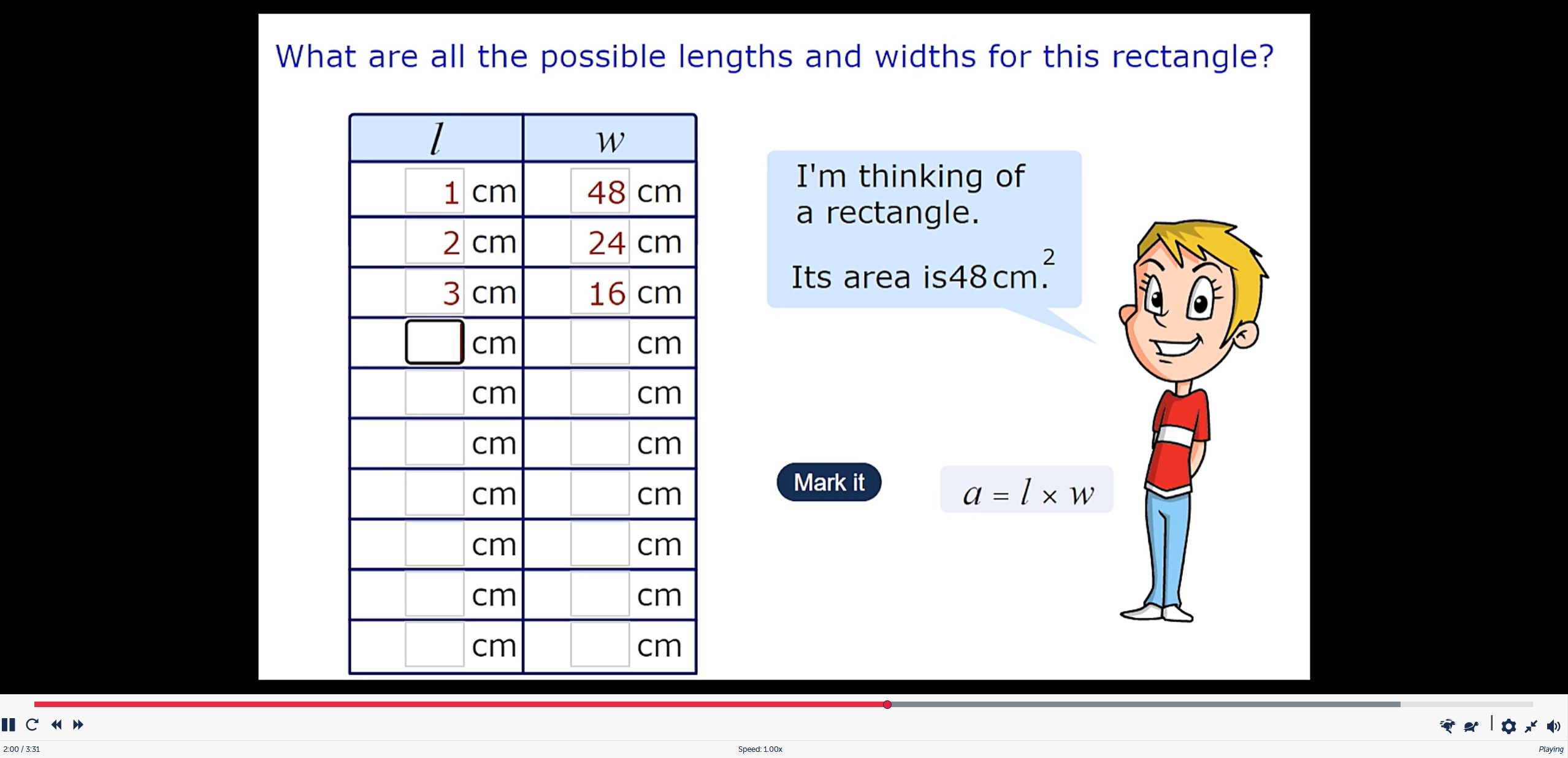 The image shows a screenshot from a MyMaths video on algebraic thinking in area problems. The question states: "I’m thinking of a rectangle. Its area is 48 centimetres squared. What are all the possible lengths and widths for this rectangle?" There is a blank table which has been partially completed with possible pairs of values.
