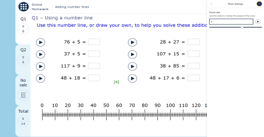 A MyMaths homework page with the side menu open and showing the read aloud voice rate slide