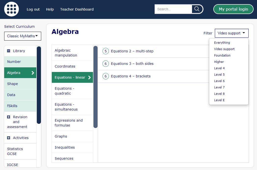 Videos are accessed from the top-right of the homework screen