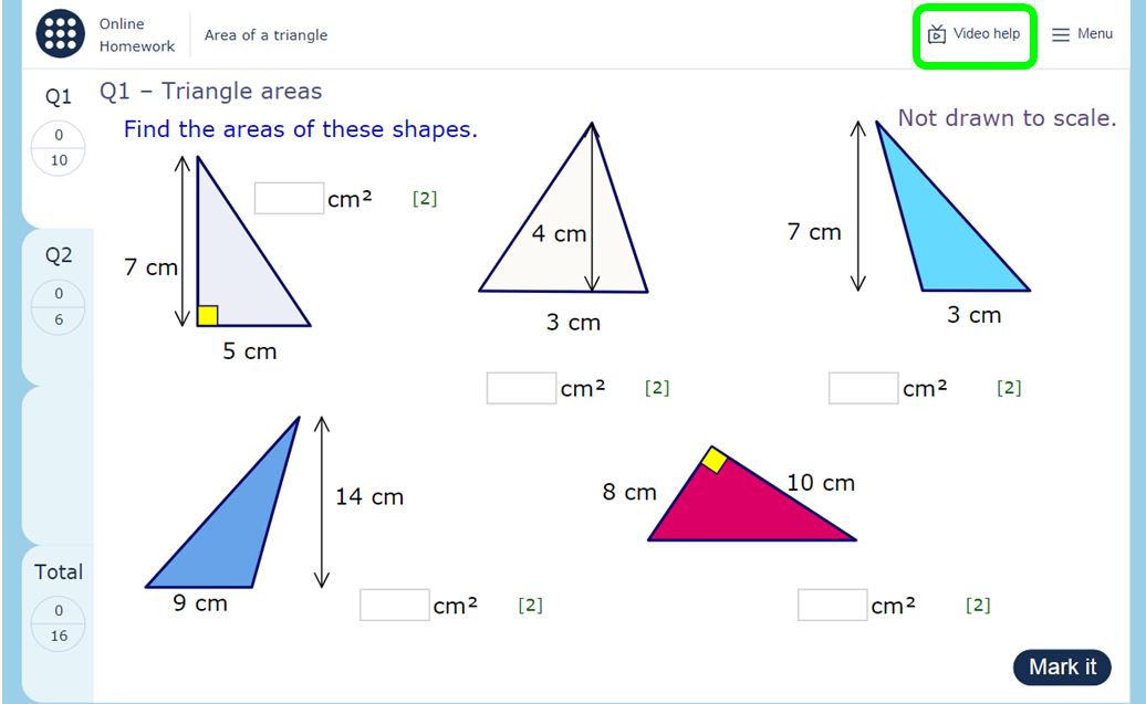 Videos are accessed from the top-right of the homework screen
