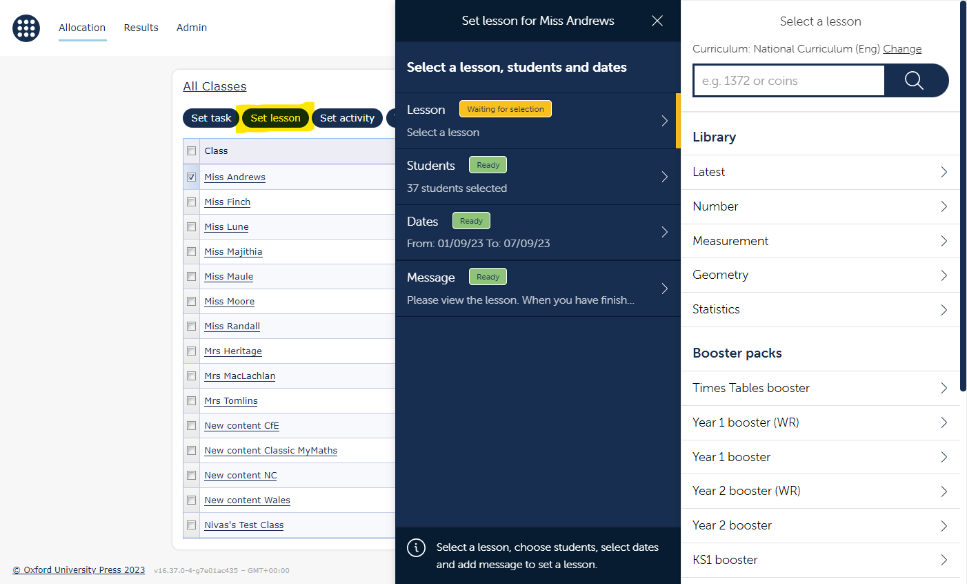 A view of the MyMaths Teacher Dashboard with the ‘set lesson’ button highlighted and the allocation menu open to show all the maths topic areas where lessons are available.