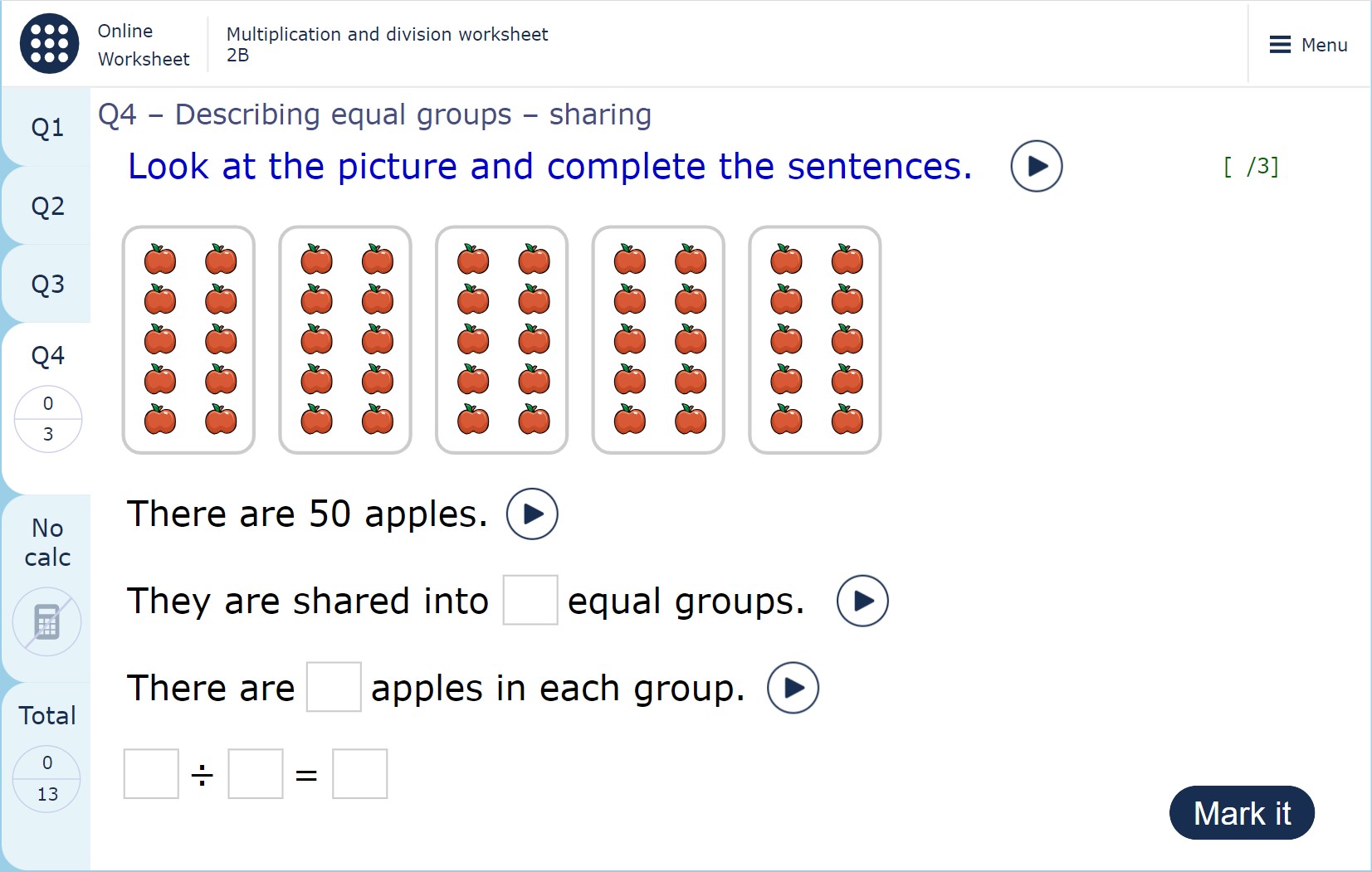 The image shows 5 groups of 10 apples and sentences for the pupil to complete: “There are 50 apples. They are shared into __ equal groups. There are __ apples in each group. __ ÷ __ = __”.