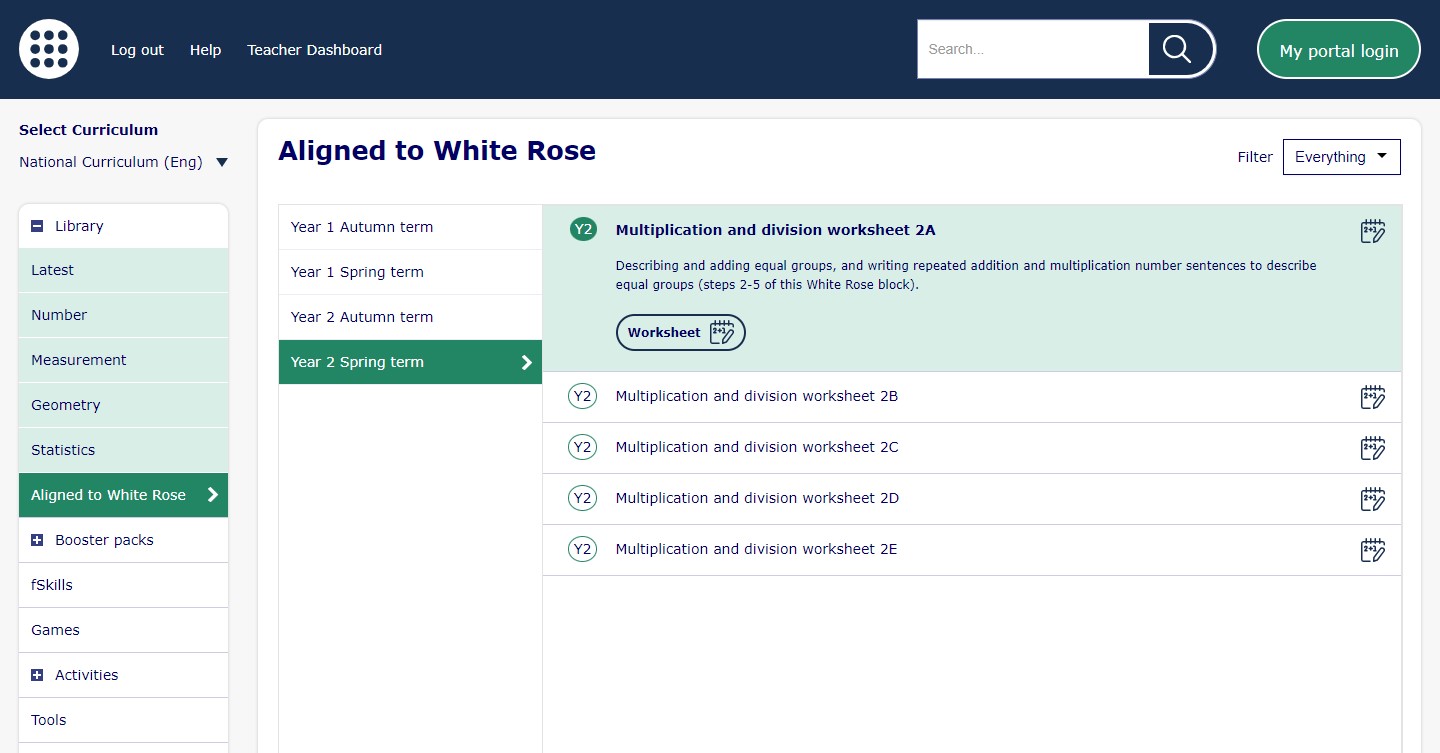 The image shows a list of worksheet tasks in the ‘Aligned to White Rose’ section of the Library within the ‘National Curriculum (Eng)’ curriculum view. The task selected is “Multiplication and division worksheet 2A” and the task description shown is “Describing and adding equal groups, and writing repeated addition and multiplication number sentences to describe equal groups (steps 2-5 of this White Rose block).”