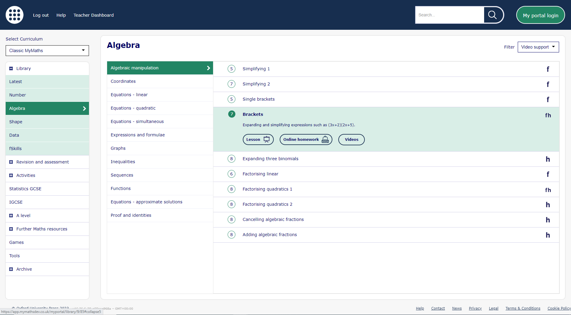 A view of the MyMaths Library, open in the Algebra strand, displaying an expanded view of the lesson, homework and video support available for a lesson called ‘Brackets’
