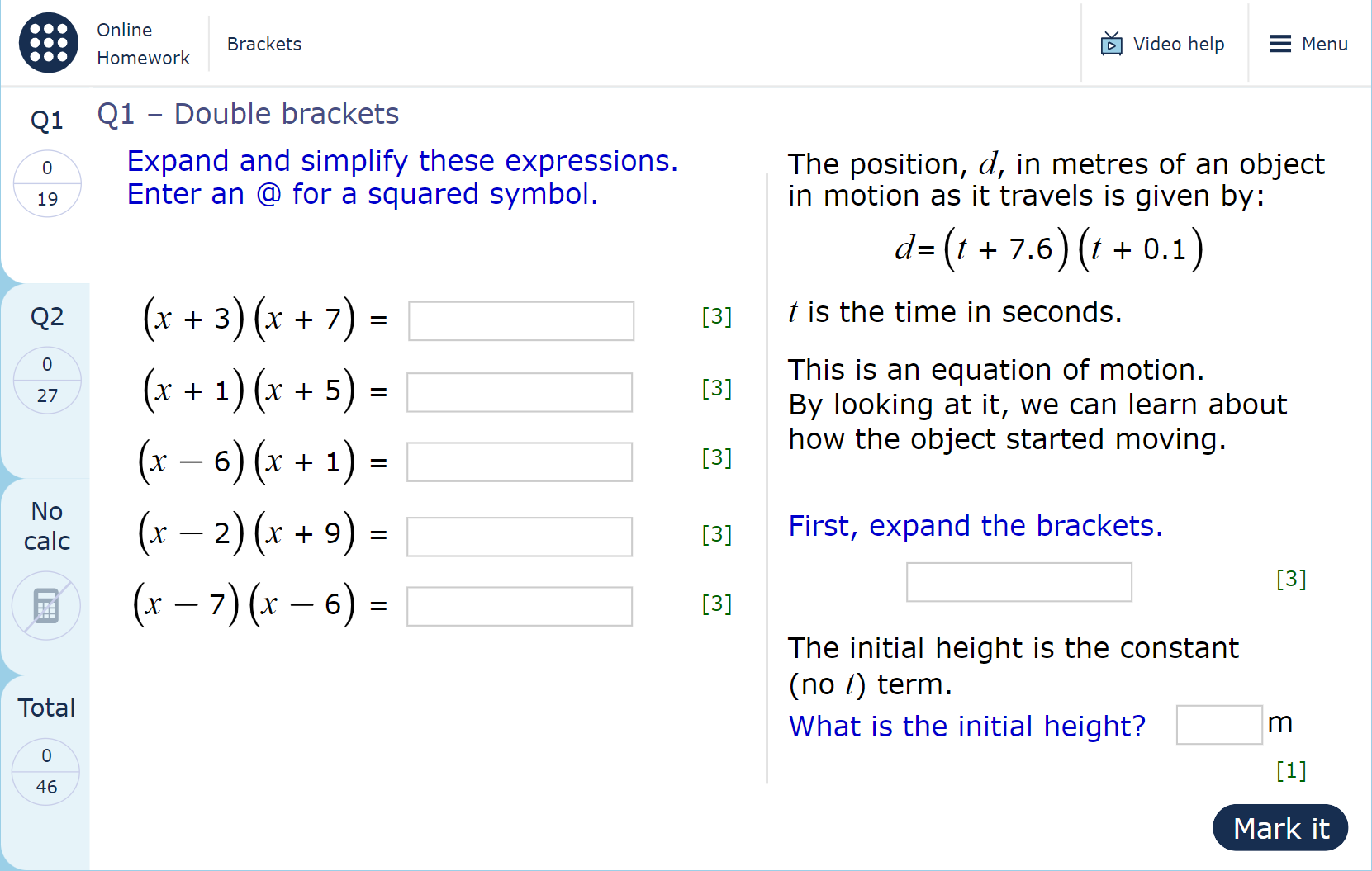 A MyMaths homework page containing the ‘Video help’ feature, which is accessed from the top-right of the page, to the left of the ‘Menu’ option.