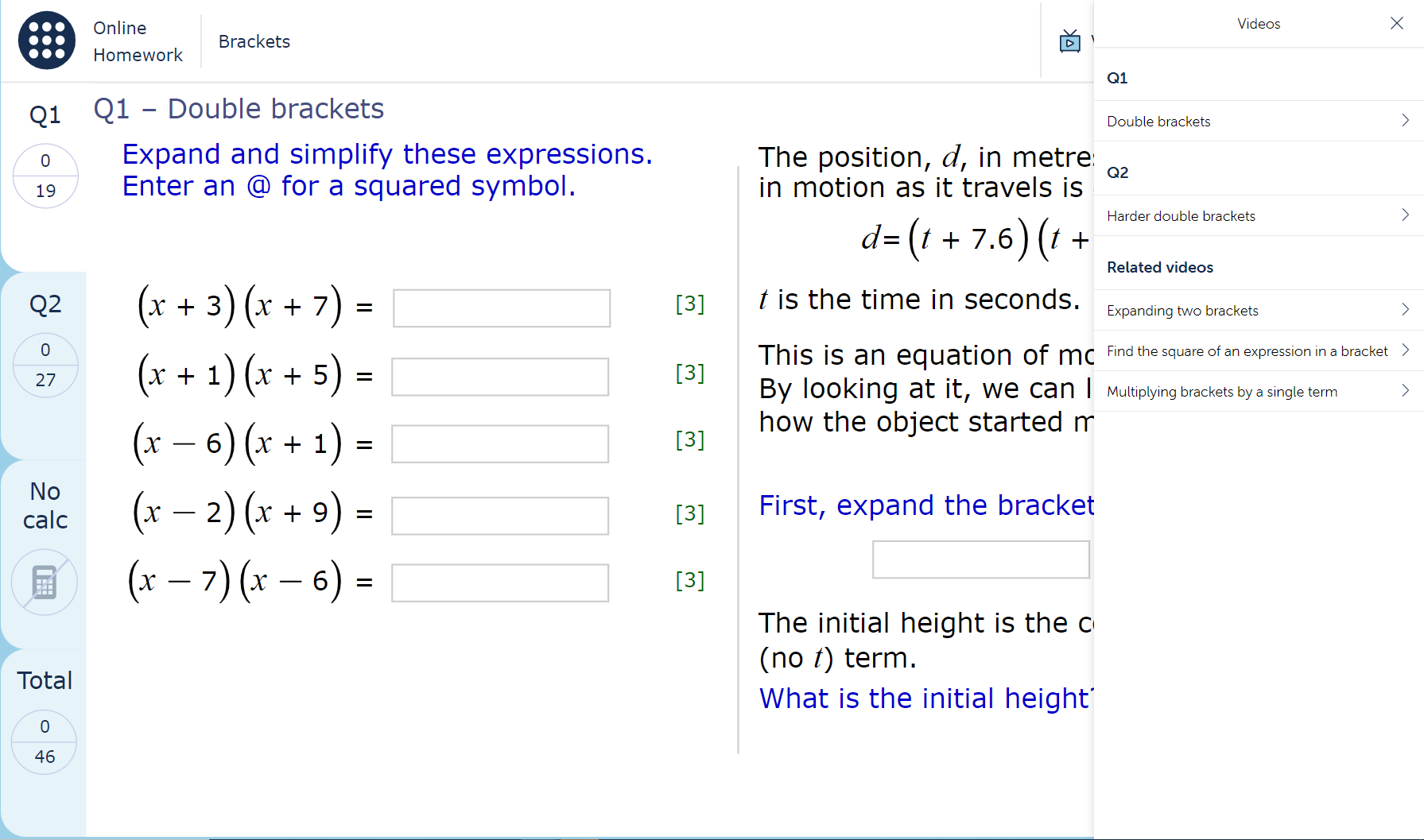 A MyMaths homework page with an expanded view of the ‘Video help’ feature, showing five different video options: one video for Q1 of the homework, one video for Q2 of the homework, and three related videos