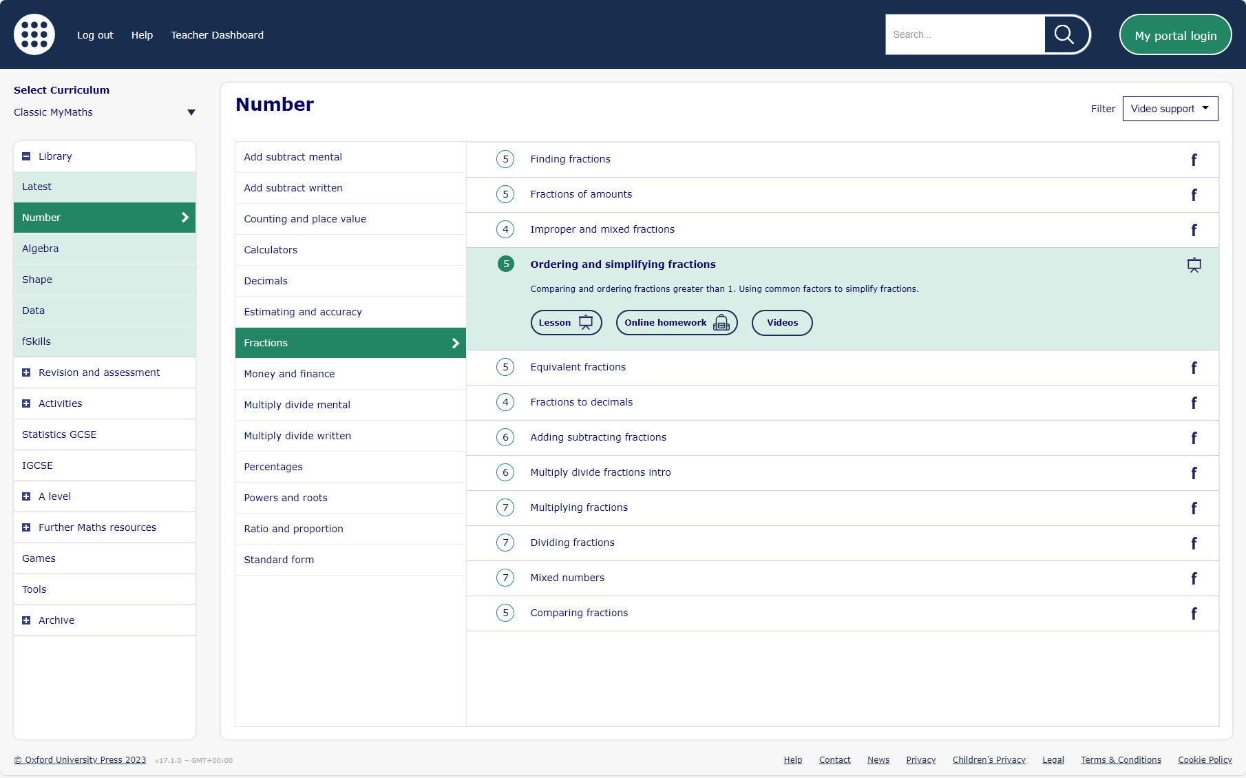 A view of the MyMaths Library, open in the Number strand, displaying an expanded view of the lesson, homework and video support available for a lesson called ‘Ordering and simplifying fractions’.