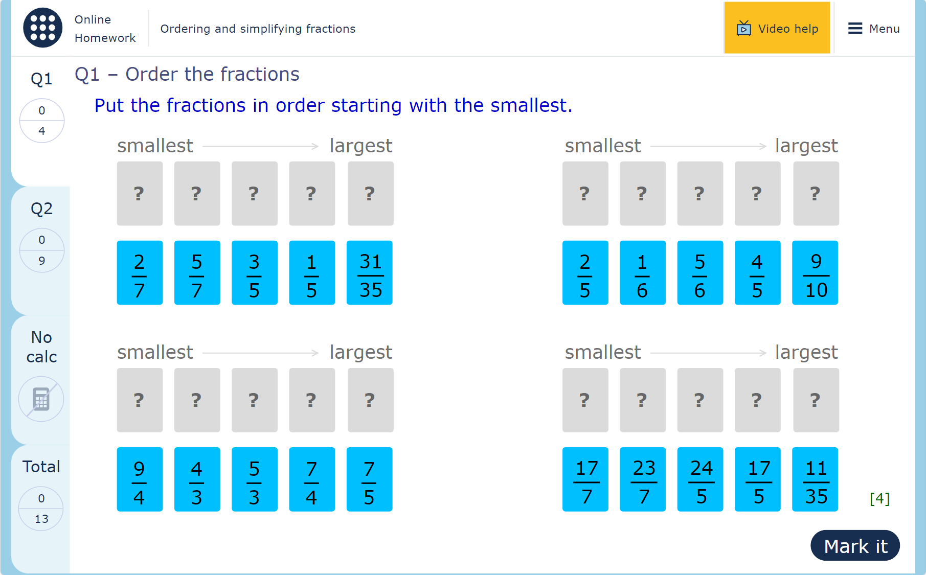 A MyMaths homework page containing the ‘Video help’ feature, which is accessed from the top-right of the page, to the left of the ‘Menu’ option.