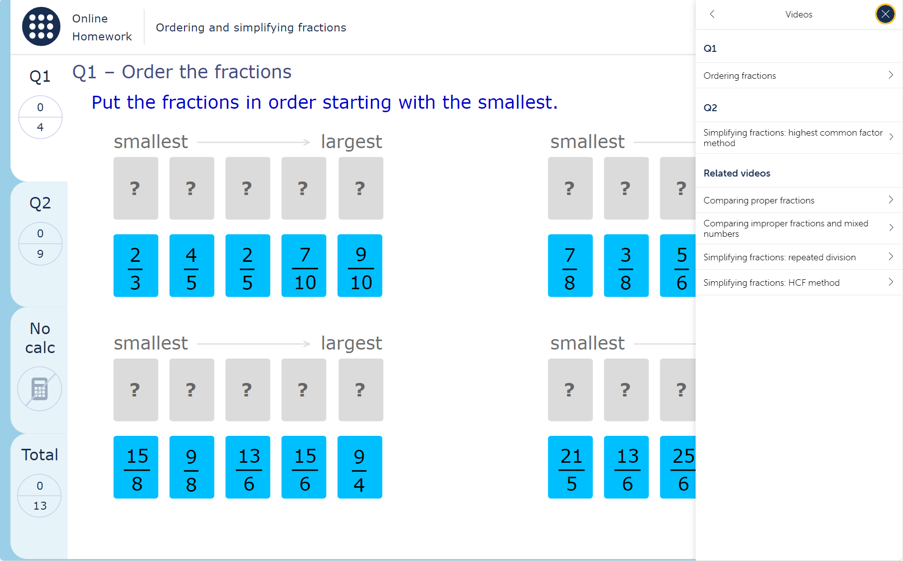 A MyMaths homework page with an expanded view of the ‘Video help’ feature, showing five different video options: one video for Q1 of the homework, one video for Q2 of the homework, and four related videos.