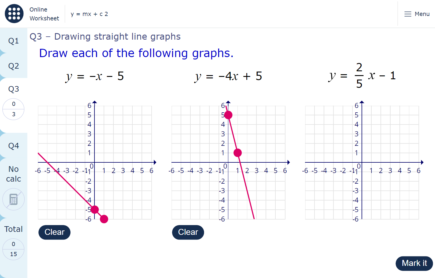 A worksheet page showing three coordinate planes. Students drag and draw straight lines on the coordinate planes according to the given equations.