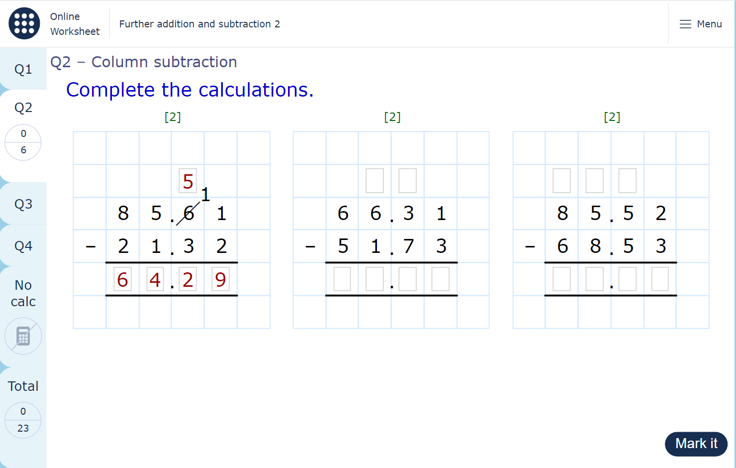 A worksheet page showing three questions about column subtraction.