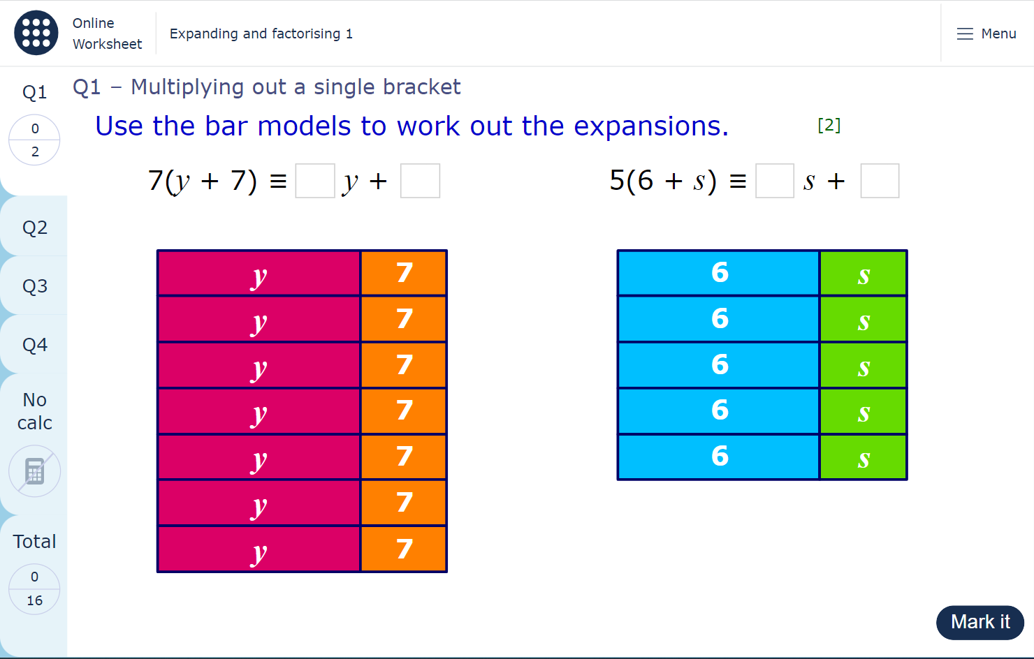 A worksheet page showing a set of questions about expanding expressions.