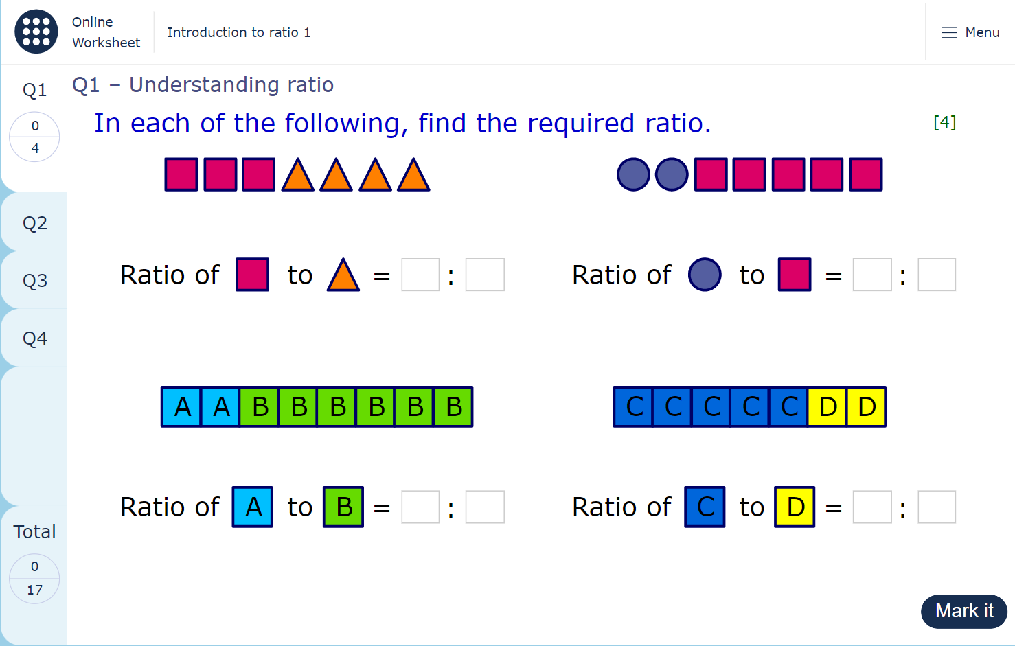 A worksheet page showing a set of questions about finding ratios from diagrams.