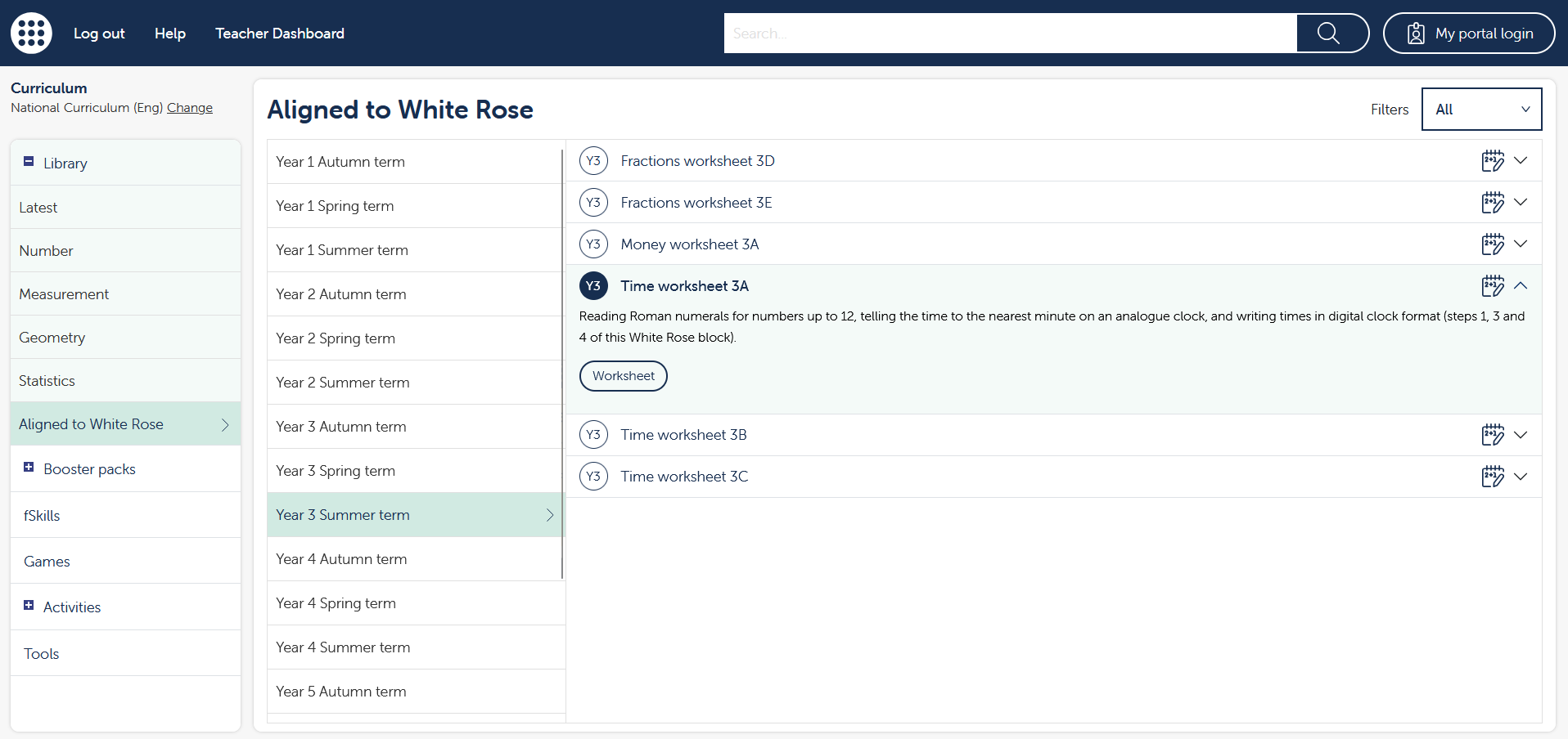 The image shows a list of worksheet tasks in the ‘Aligned to White Rose’ section of the Library within the ‘National Curriculum (Eng)’ curriculum view. The task selected is ‘Time worksheet 3A’ and the task description shown is ‘Reading Roman numerals for numbers up to 12, telling the time to the nearest minute on an analogue clock, and writing times in digital clock format (steps 1, 3 and 4 of this White Rose block).’