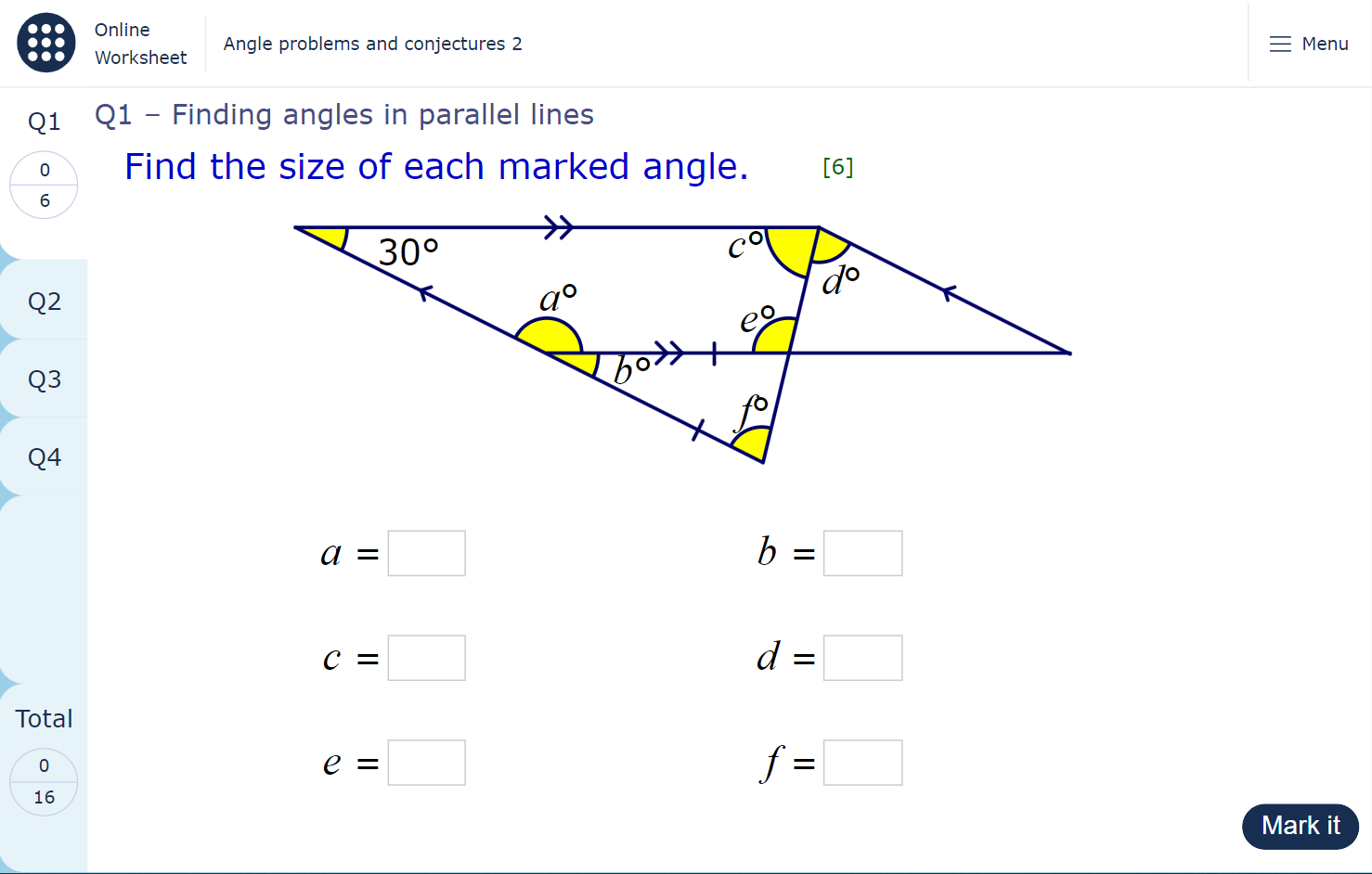 A worksheet page showing three questions about angles in parallel lines.