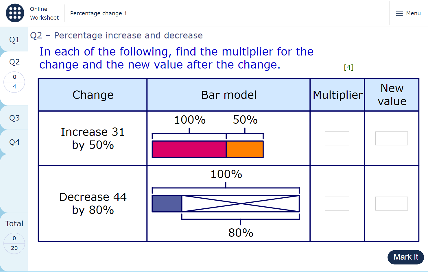 A worksheet page showing a set of questions about percentage changes.