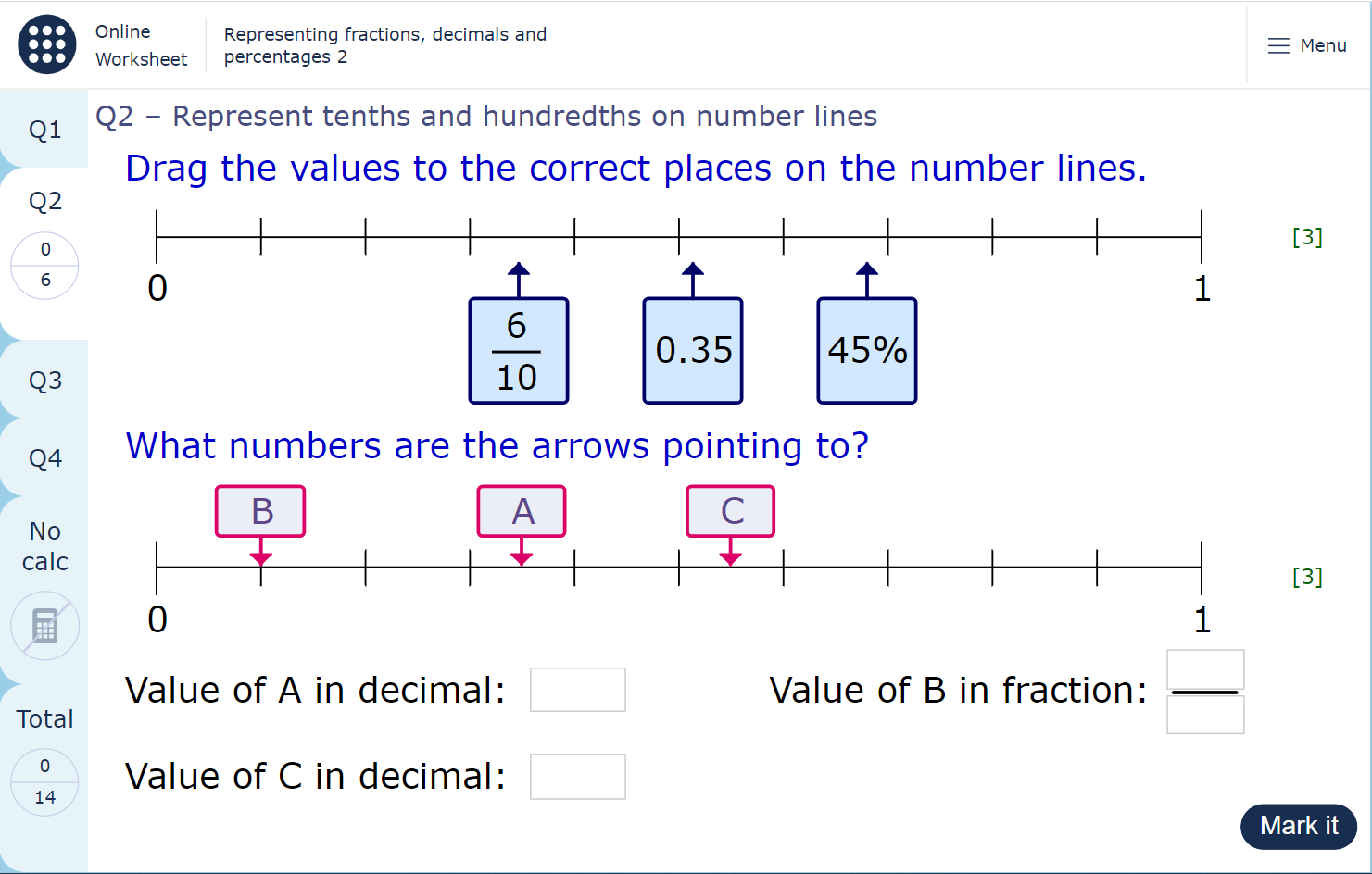 A worksheet page showing two number lines. Students drag the values to the correct positions on the first number line, and find the values of the numbers indicated by the arrows on the second number line.