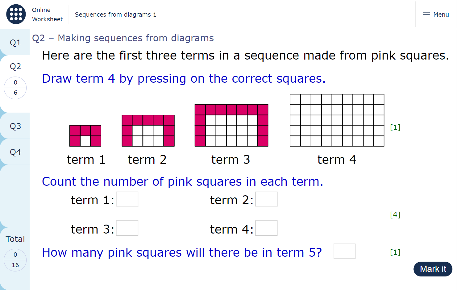 A worksheet page showing a set of questions about making sequences from diagrams. Students can draw the pattern of term 4 before answering the questions about the numbers of squares in different diagrams.