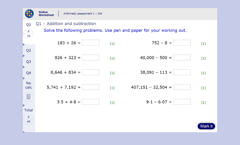 Primary MyMaths arithmetic assessment 1 online worksheet sample Primary MyMaths arithmetic assessment 1 online worksheet sample